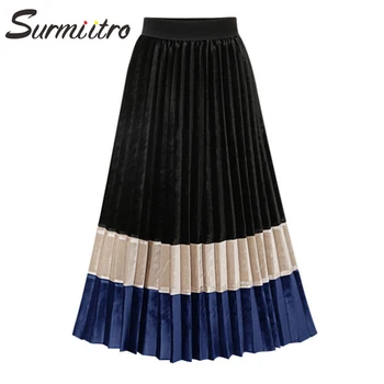 

Surmiitro Autumn Winter Velvet Pleated Long Skirt Women 2019 Fashion Patchwork Ladies Korean High Waist A Line Midi Skirt Female