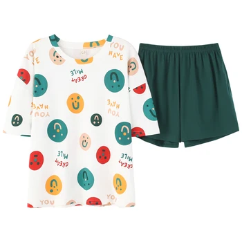 

Summer Cute Print Pajamas Set Women Full Pure Cotton Pyjamas Sleepwear Nightwear Pijamas Mujer Plus Size Short Pants Homewear