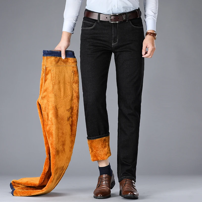 Модные зимние джинсы мужские черные синие прямые эластичные толстые бархатные теплые джинсы мужские шерстяные плюшевые брюки джинсы - Цвет: black