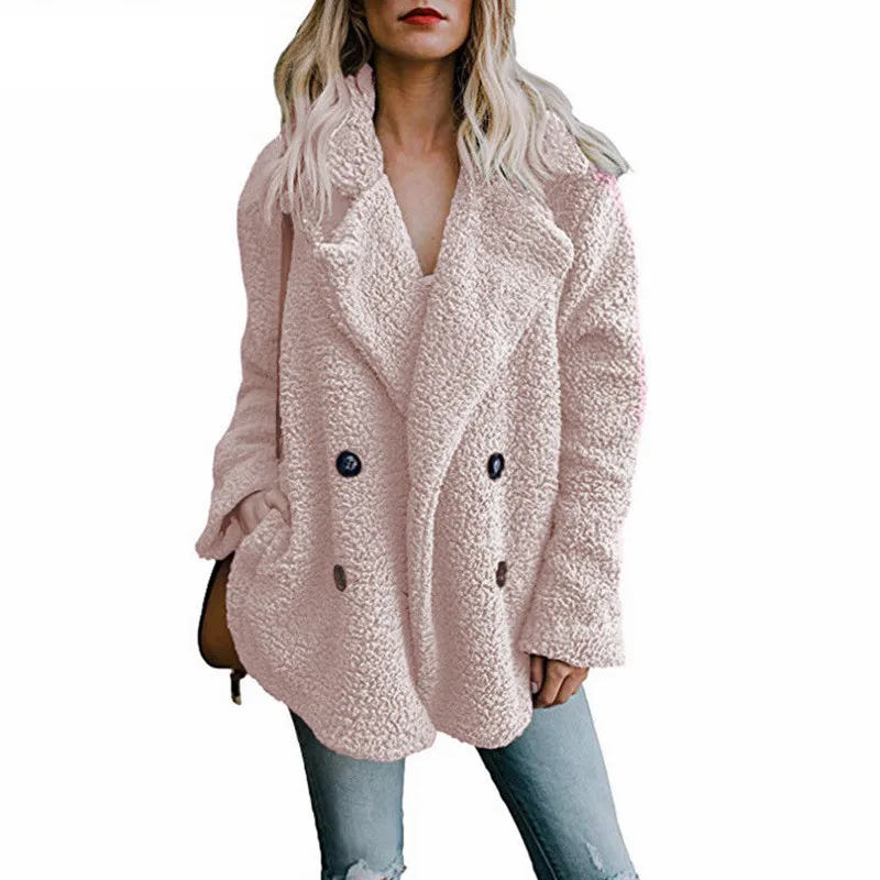 Женское зимнее толстое плюшевое пальто с отворотом и длинным рукавом, пушистые теплые меховые куртки с искусственным мехом, Женское пальто на пуговицах с карманами размера плюс 5XL