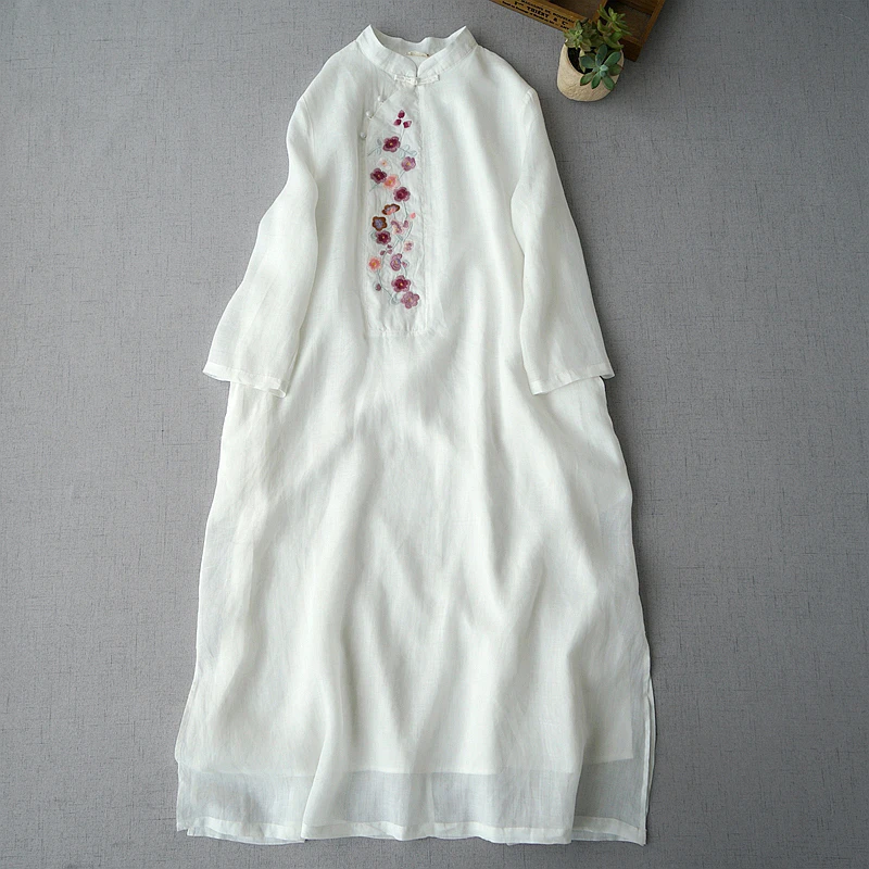 

Spring Summer Women Loose Sweet Mori Girls Chinese Style Slant Opening Embroidery Comfortable Water Washed Thin Ramie Dresses