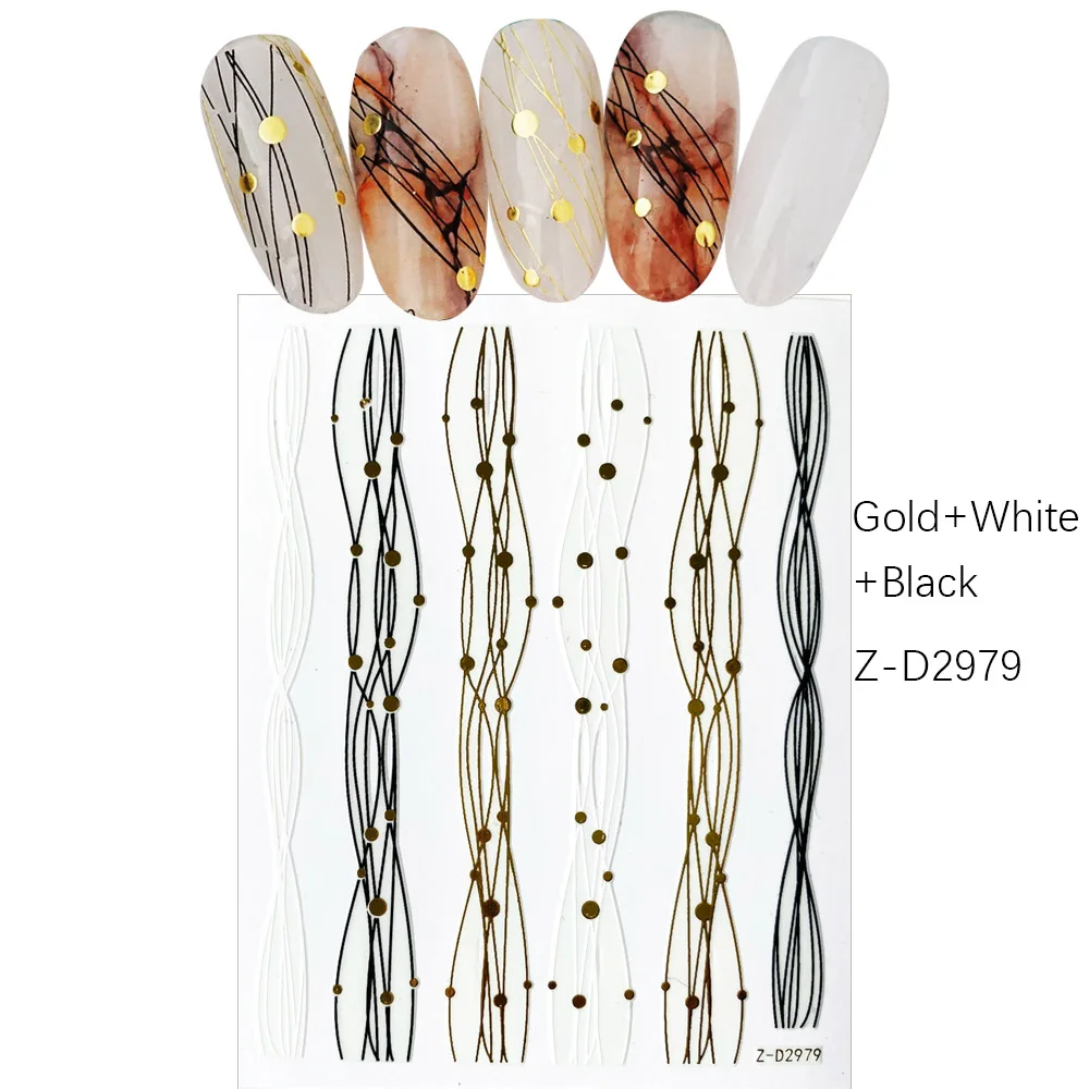 1pcs Gold+Black+White Sliders 3D Nail Stickers Straight Curved Liners Stripe Tape Wraps Geometric Nail Art Decorations new - Цвет: Z-D2979