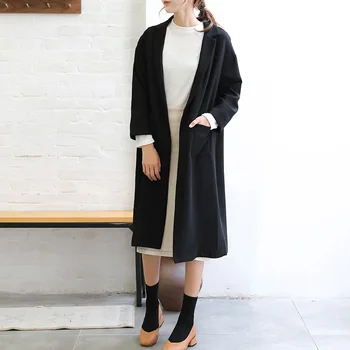 

Solid Lapel Long Sleeve Pocket Straight Coat Ladies Black Loose Plus Szie Cardigan Fashion Streetwear Korean Style Women Clothes