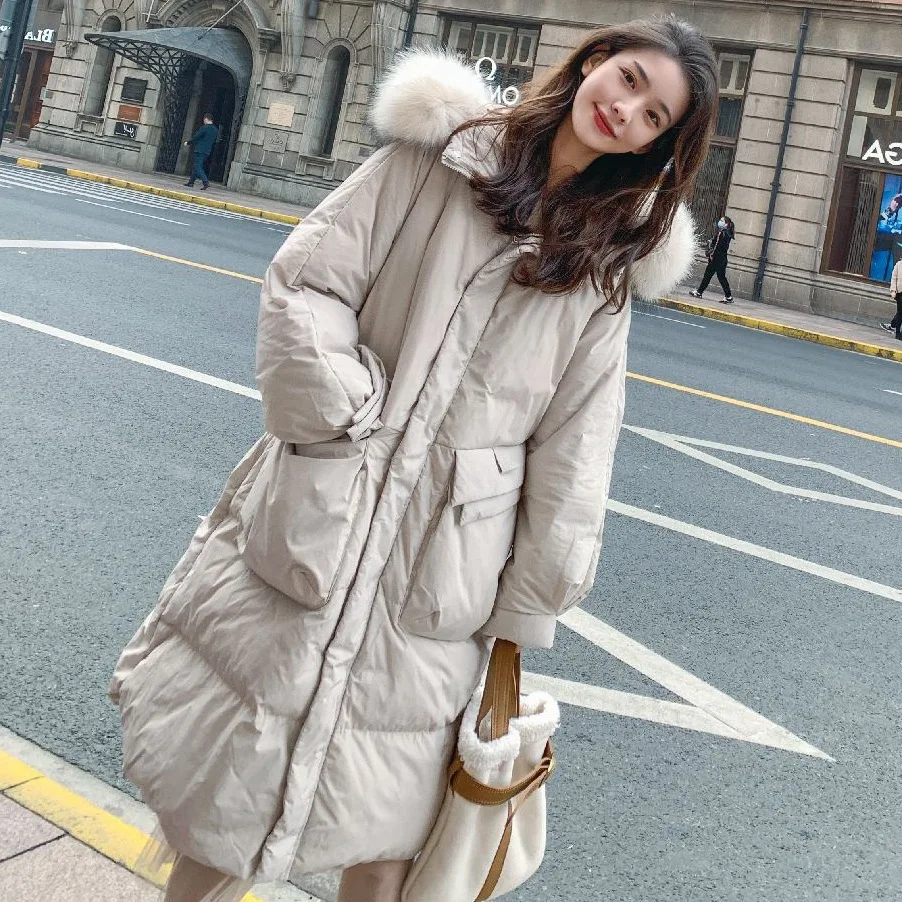 

Photo Shoot CHIC Elegant Off-white Mid-length Loose-Fit Hooded Large Fur Collar Windbreaker Thick Cotton Overcoat Women's Winter
