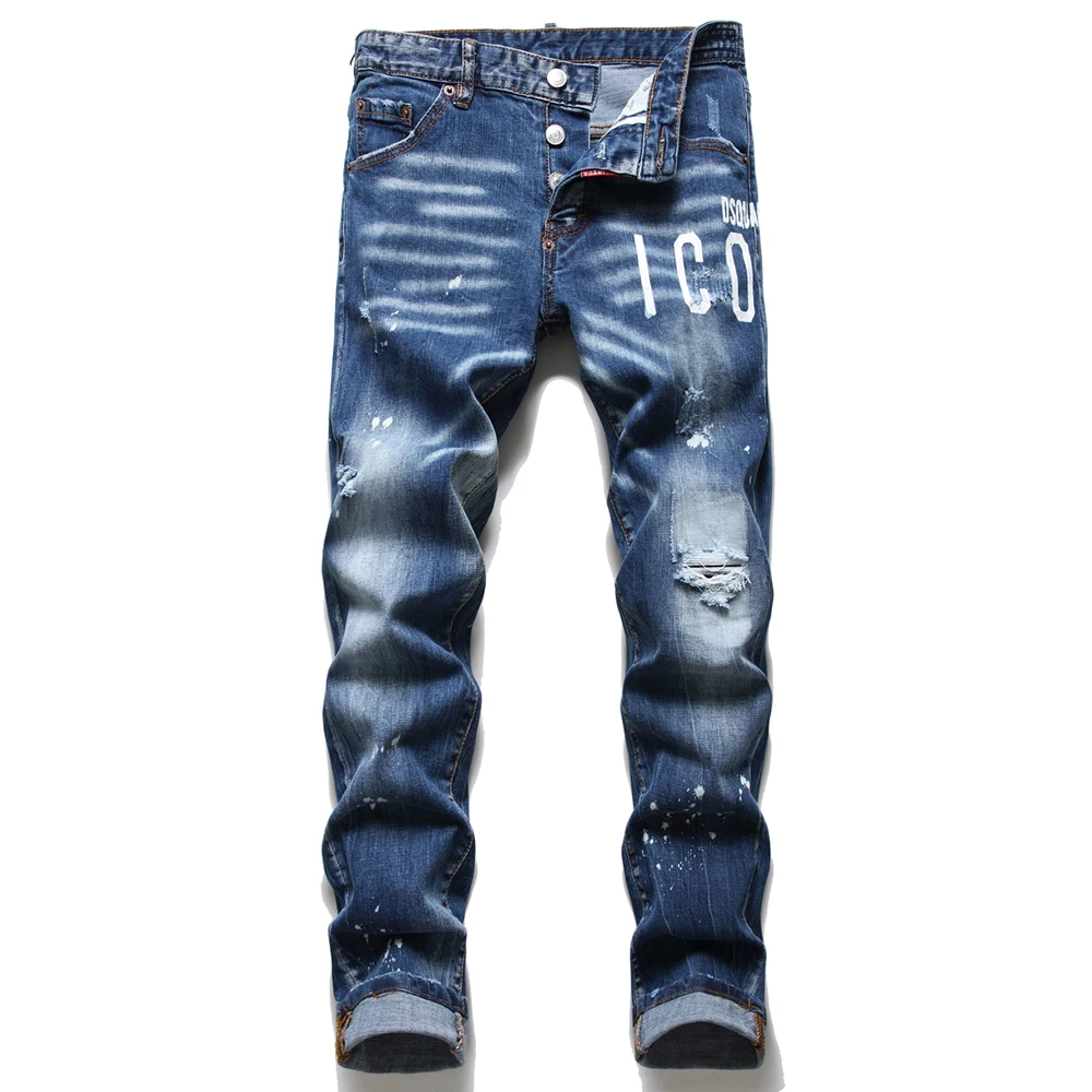Dsq-pantalones vaqueros de estilo europeo para hombre, jeans ajustados de retales para Moto y motorista, pantalones ceñidos y con agujeros de tela vaquera, color azul