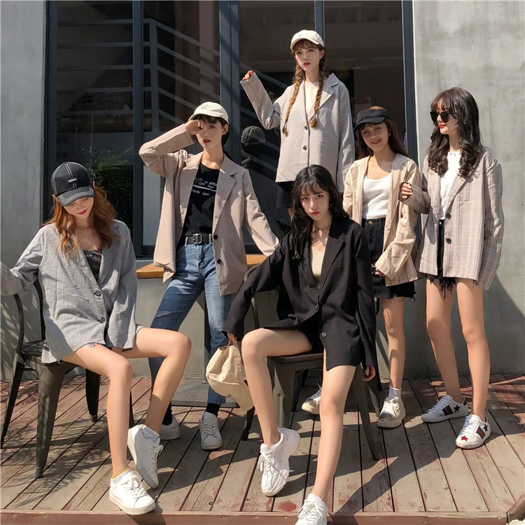 

Spring WOMEN'S Dress Korean-style Versitile Fashion Retro Loose Solid Color Plaid Suit Long-sleeved Cardigan Formal Wear Jacket