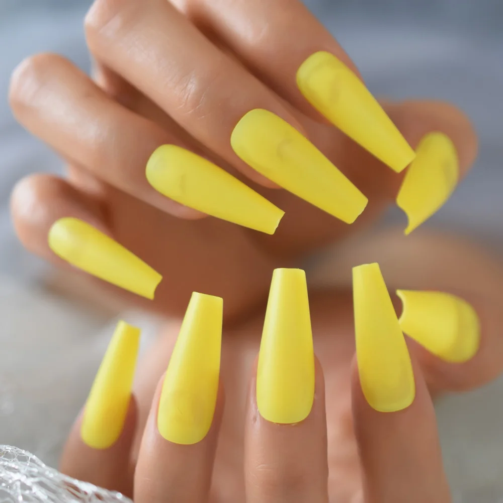 Uñas postizas artificiales acrílicas para mujeres y niñas, uñas superlargas  de color amarillo mate, 24 piezas - AliExpress Belleza y salud