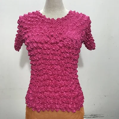 rose red Горячая Miyake Мода Складные короткий рукав сексуальный о-вырез тонкий трехмерная футболка с ананасом - Цвет: rose red