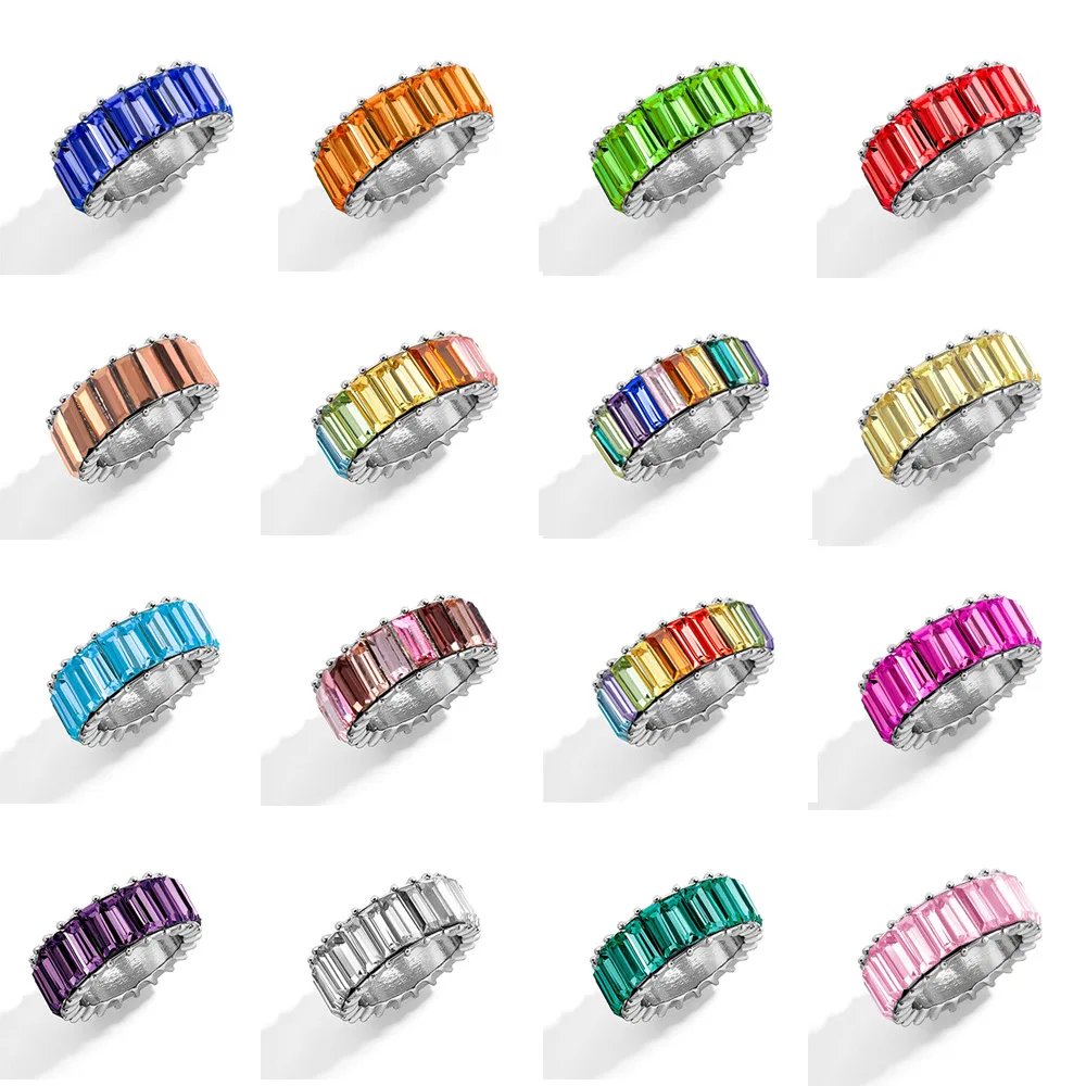 KMVEXO 15 Color Dainty Rainbow Ring Multi Color Crystal Eternity Square Baguette Finger Ring Women Female Wedding Jewelry
