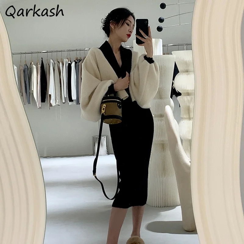 

Женский трикотажный кардиган Ulzzang, комплект из двух предметов, однобортный вязаный кардиган с V-образным вырезом и простое платье, весна-осень