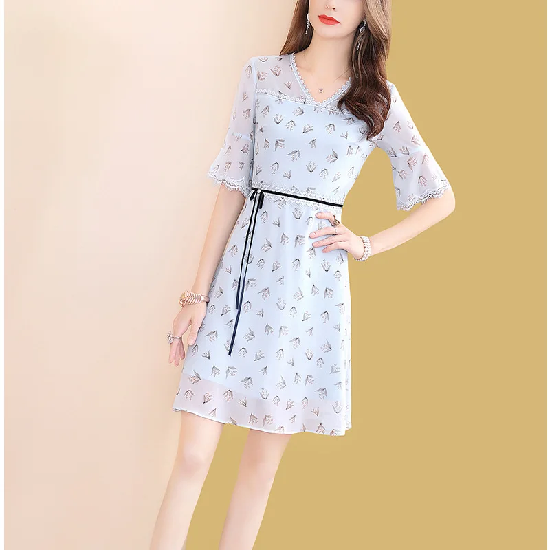 

Floral-Print Lace Chiffon Dress Women's Summer Mid-length 2019 New Style V-neck Slim Fit Slimming A- line Skirt