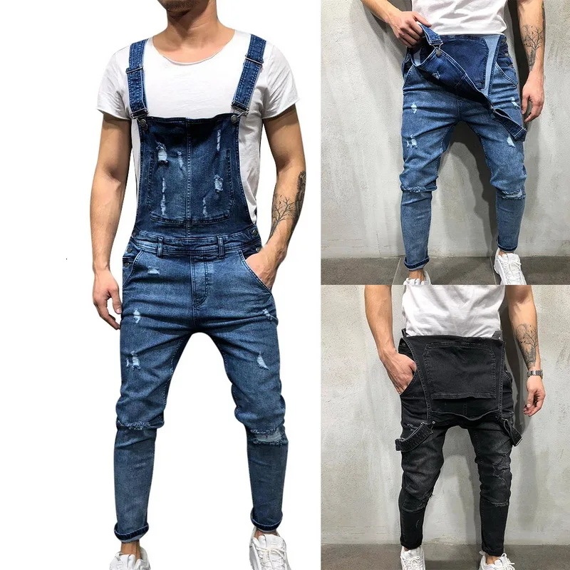 

2019 New Fashion Streetwear Men Jeans Ripped Holes Denim Pencil Pants Overalls Jeans Braces Cargo Pants Jeans Men Brand Homme