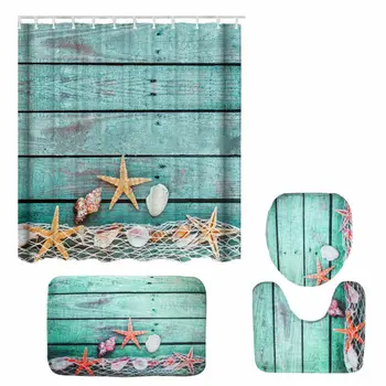 

4Pcs/Set Bathroom Non-Slip Pedestal Rug+Lid Toilet Cover+Bath Mat+Shower Curtain Accessories Sets Marine life Printing