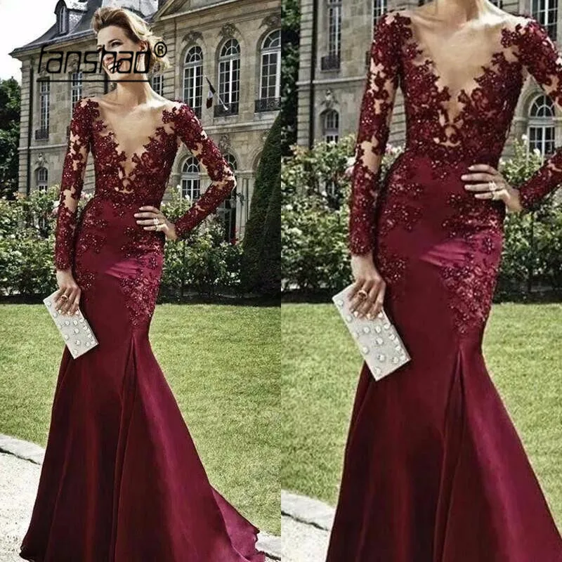 

Wine Red Muslim Evening Dresses See Through Appliques Islamic Dubai Saudi Arabic Long Elegant Mermaid Evening Dress Prom Dress