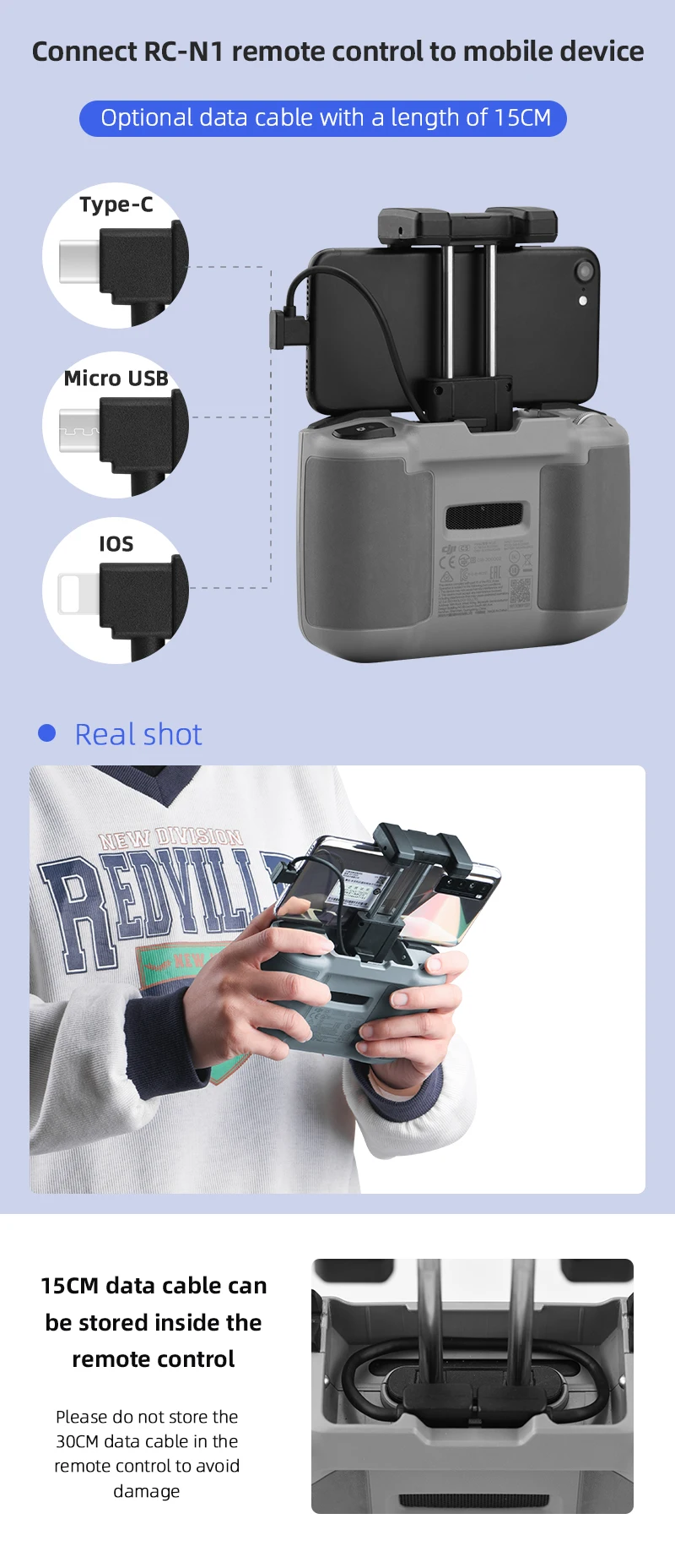 RC-NI remote control can be connected to a mobile device with a data cable