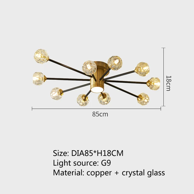 Modern luxury copper crystal ceiling lamp lighting American retro lamp restaurant golden luster molecular art ceiling lamp green
