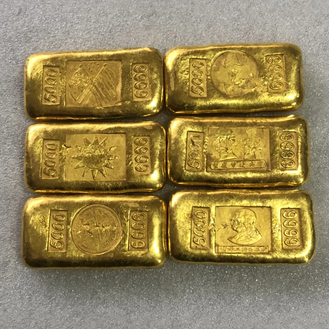 Exquisite Antique Republic Of China Copper Gilded Gold Ingot 6pcs Set