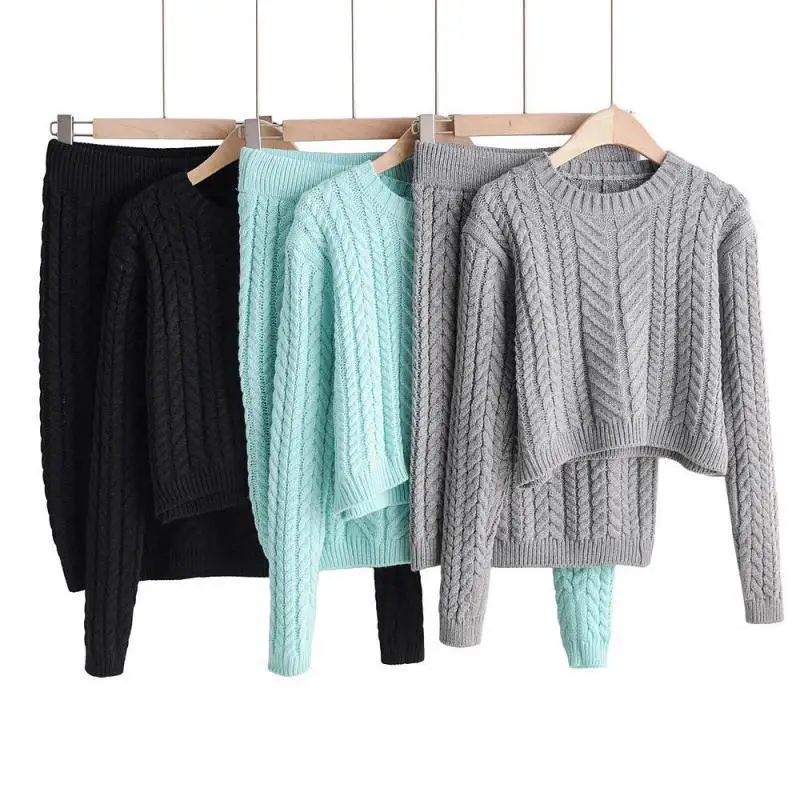 

2019 New Autumn Winter Ladies Suit Set Long Sleeve Sweater And Medium Long Skirts Women Solid Hemp Flowers Two Piece Outfits
