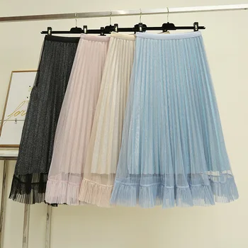 

[Attachment] Gauze Skirt 2019 Spring New Style Mid-length Elastic Waist Joint Liangsi Pleated Mesh Dress 2333