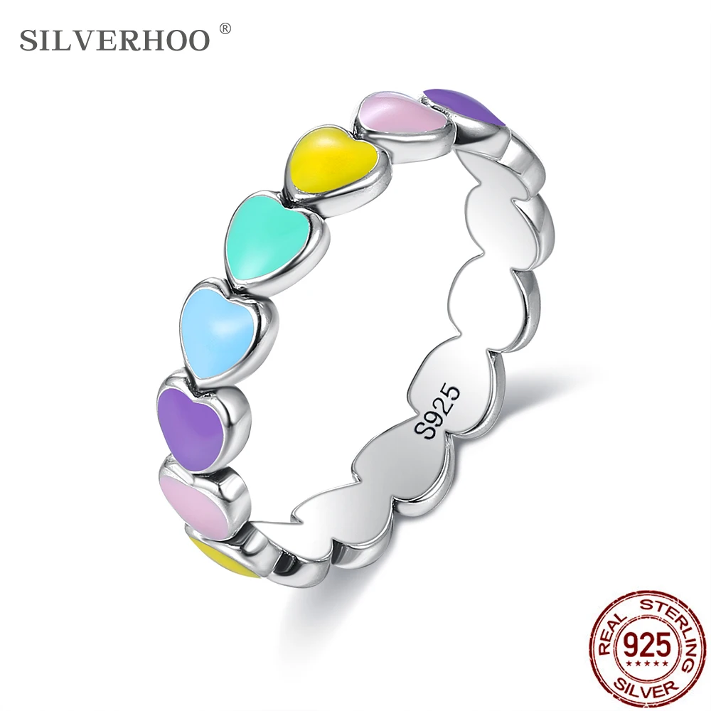 SILVERHOO натуральное Стерлинговое Серебро 925 пробы штабелируемые радужные сердца