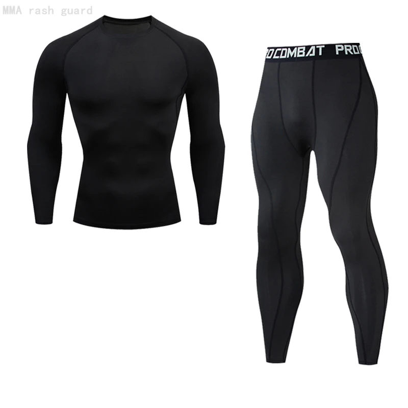 

Sun Protection Compression Long Sleeve Shirt Men's Athletic Tights Black Base Layer Underwear Fitness Second Skin 2 Pc Tracksuit