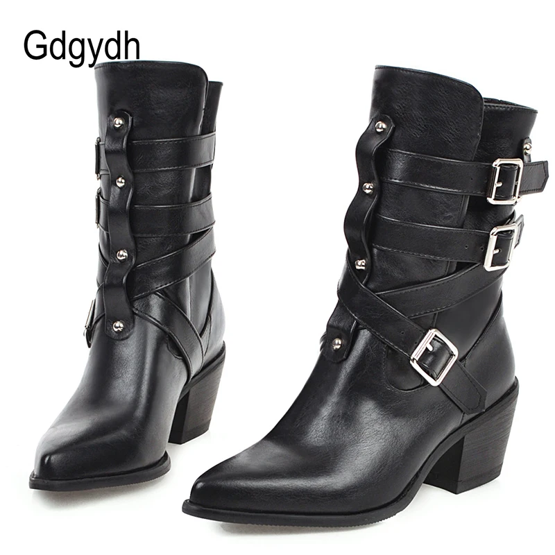 

Gdgydh 2020 Spring Autumn Chelsea Boots Women Rivet Ankle Strap Fashion Buckle Pointed Toe Vintage Shoes Heels Thick Big Size 48