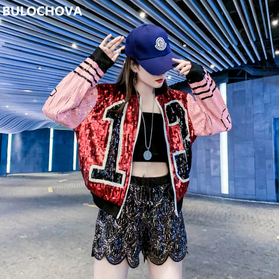 

Wholesale Women Runway Fashion Sequins Stage Dance Costumes Clothes Short Coat Lady Print Letters Sport Baseball Jacket Coats