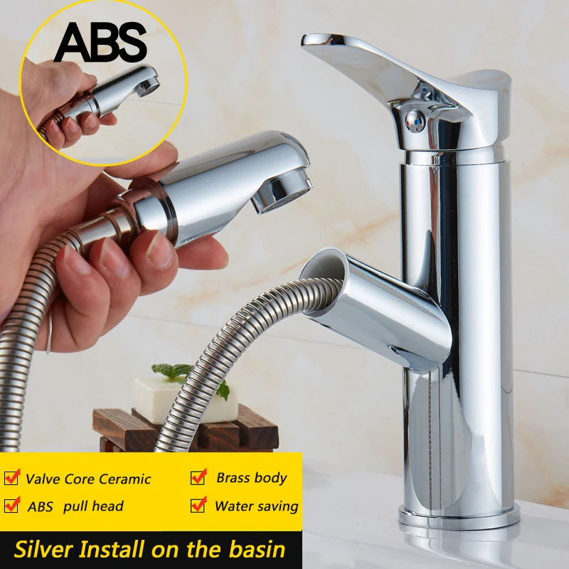 Silver -ABS Полностью медный моющийся телескопический кран, смеситель для горячей и холодной воды, кран для умывальника и водопада - Цвет: Silver -ABS