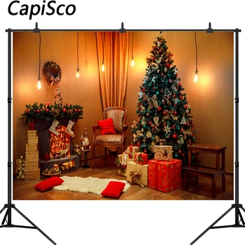 

Capisco Photography Background Christmas Backdrop Christmas Tree Fireplace Gift box Bulb Children Decor Backdrop Photo Studio