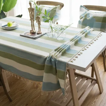 

Waterproof tablecloth Japanese and Korean small fresh blue-green striped tassel tablecloth table decoration fabric cover custom