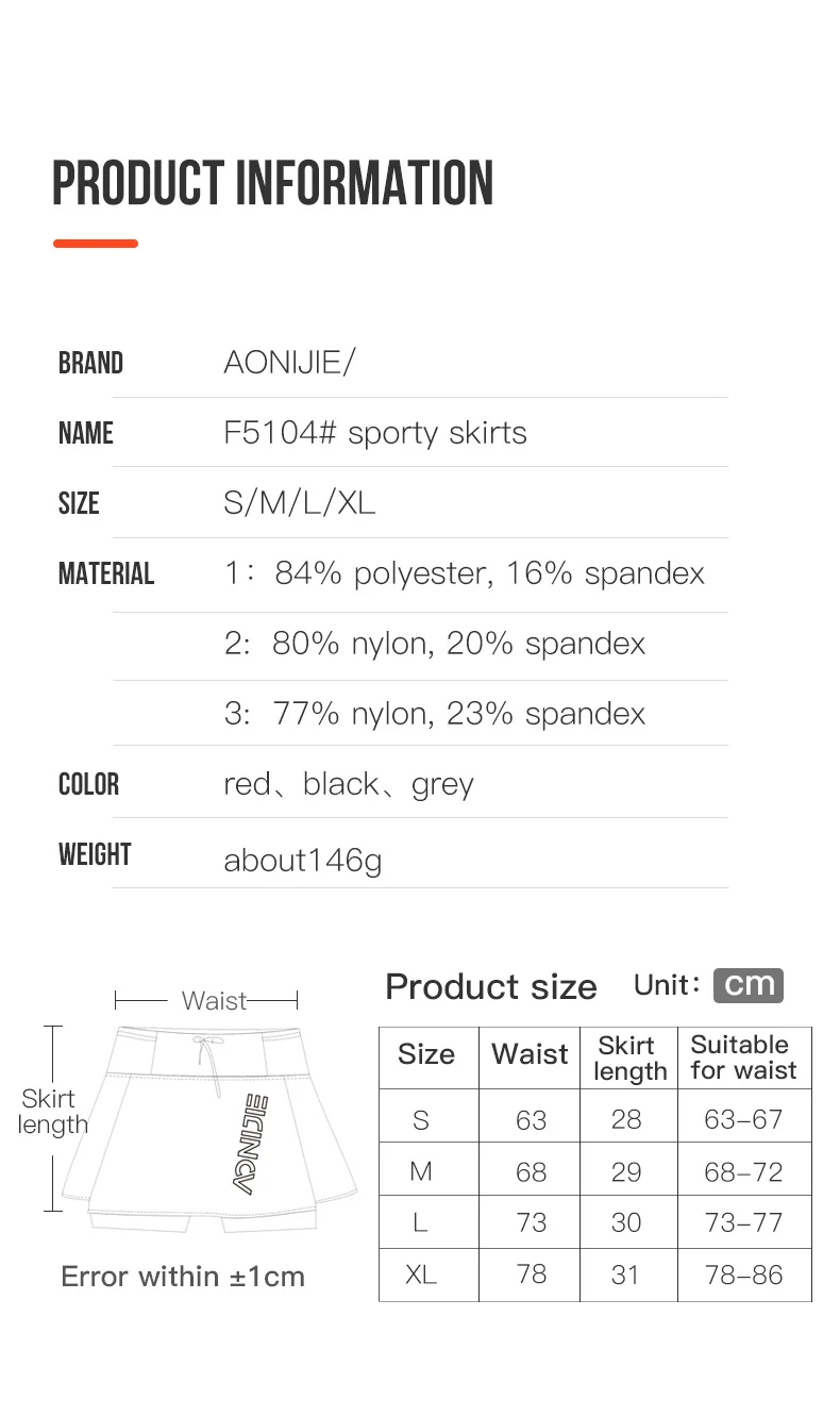 AONIJIE F5104 Women Female Quick Dry Sports Skirt Pantskirt With Lining Invisible Pocket For Running Tennis Badminton Gym