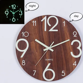 

LED Night Light Wood Pattend Wall Clock Big Digital Luminous Clock Nordic Simple Wooden Clocks for Home Living Room Decor