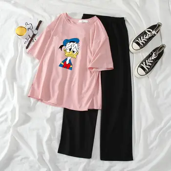 

Women Set] 2020 new summer Korean version of loose wide leg pants + student cartoon Mick short sleeve t-shirt female ins tide