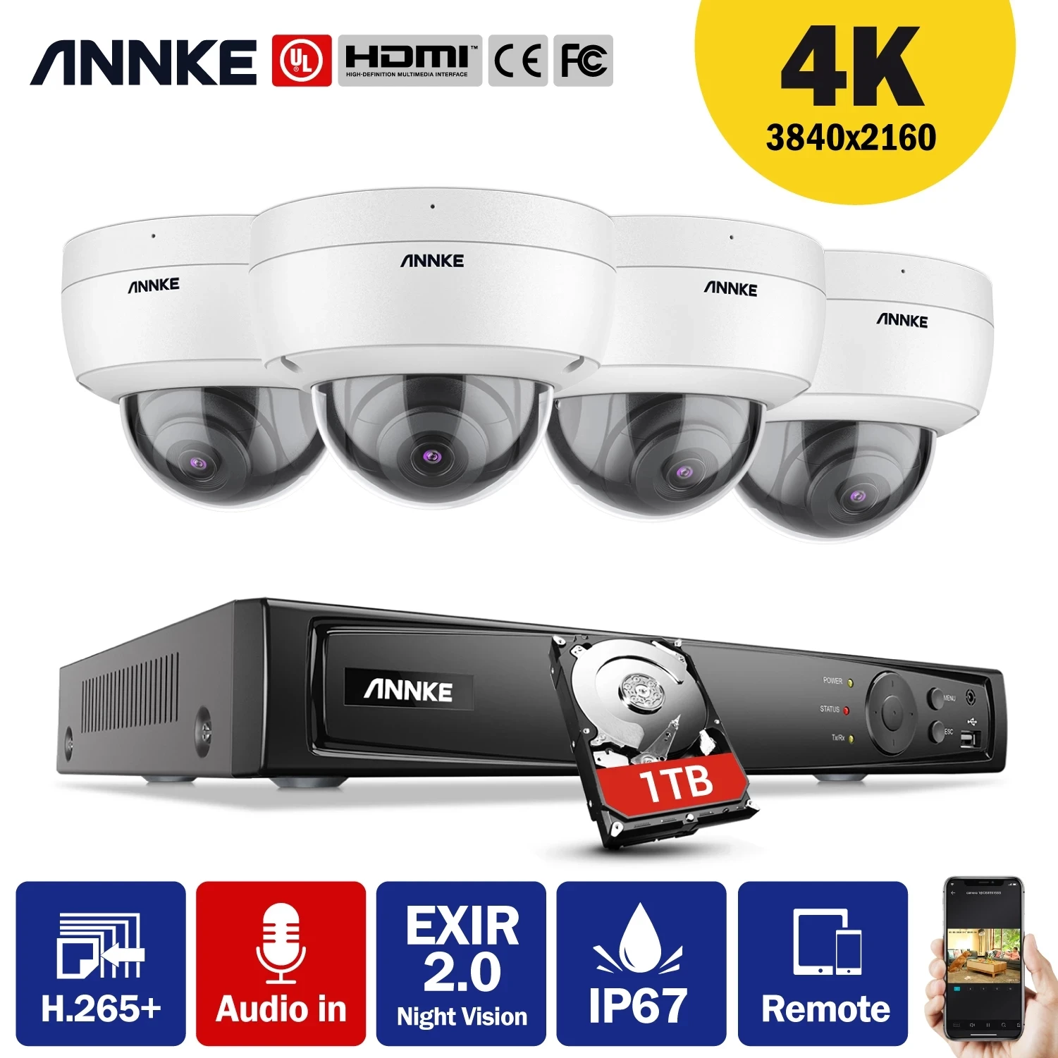 Система видеонаблюдения ANNKE 8 каналов 4K Ultra HD POE Мп H.265 + сетевой видеорегистратор 4