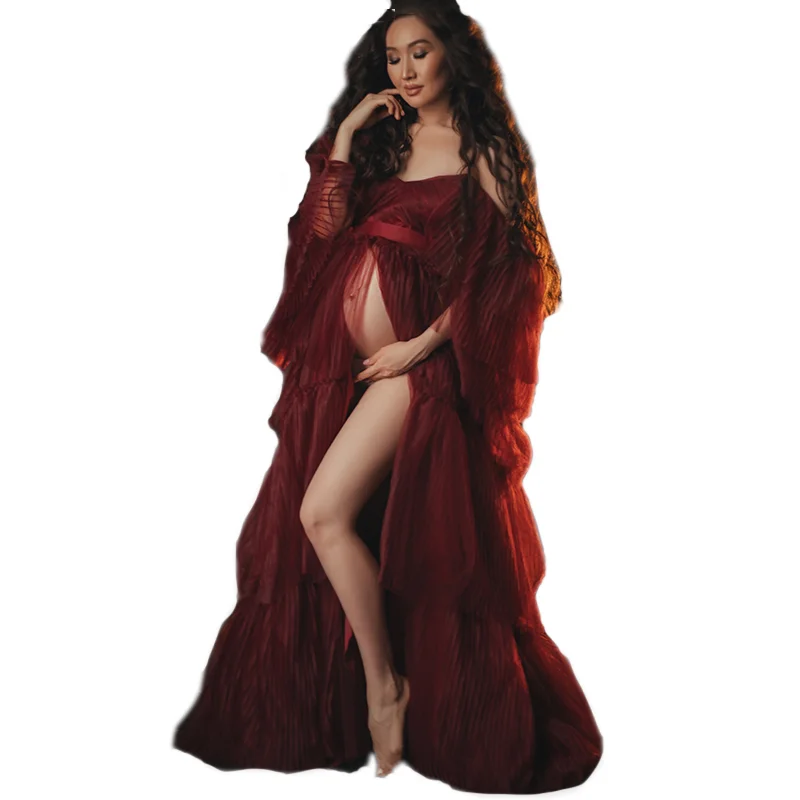 Red Ruffles Tiers Long Maternity Gown Lace UP Kimono Tiered A-line Prom Gowns Puffy Sleeves African Cape Cloak Dress | Свадьбы и