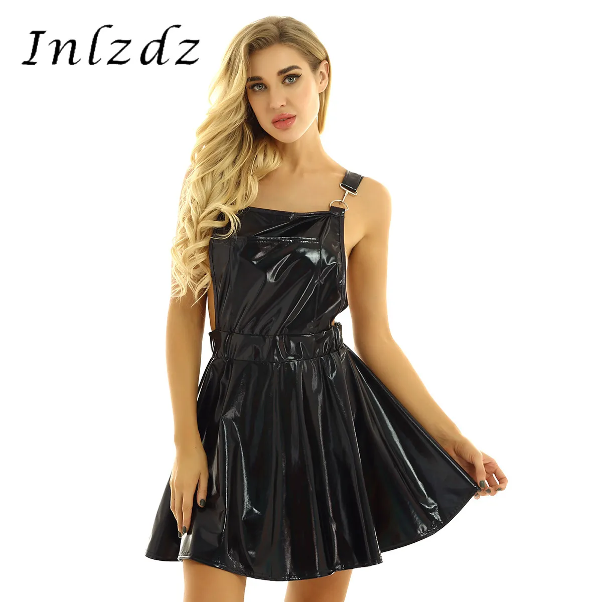 

Women's Shiny Latex Dress Metallic Holographic Braces Suspender A-line Dress Pleated Bib Overall Pinafore Beach Dress