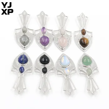

YJXP Anchor Pendants Natural Stone Pink Quartzs Purple Crystal Water Drop Shape Shield Pendant Amulet Fashion Jewelry 1 Pcs