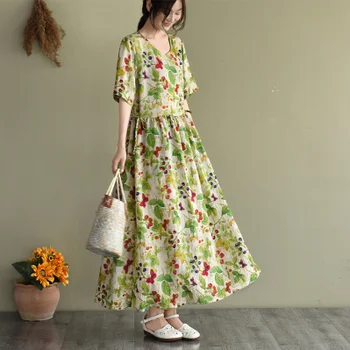 

Summer Women 2020 Large size Dress Retro Loose Casual All-match Dress New O-Neck Short Sleeve Print Spliced Ladies Dress