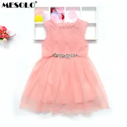 Кружевное платье для девочек; платье принцессы без рукавов; яркая детская одежда с поясом; цвет розовый, серый; K1