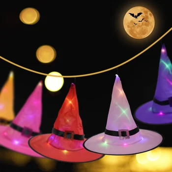 

7pcs Halloween Decoration Witch Hats LED Lights Cap Halloween Costume Props Outdoor Tree Hanging Ornament Home Glow Party Decor