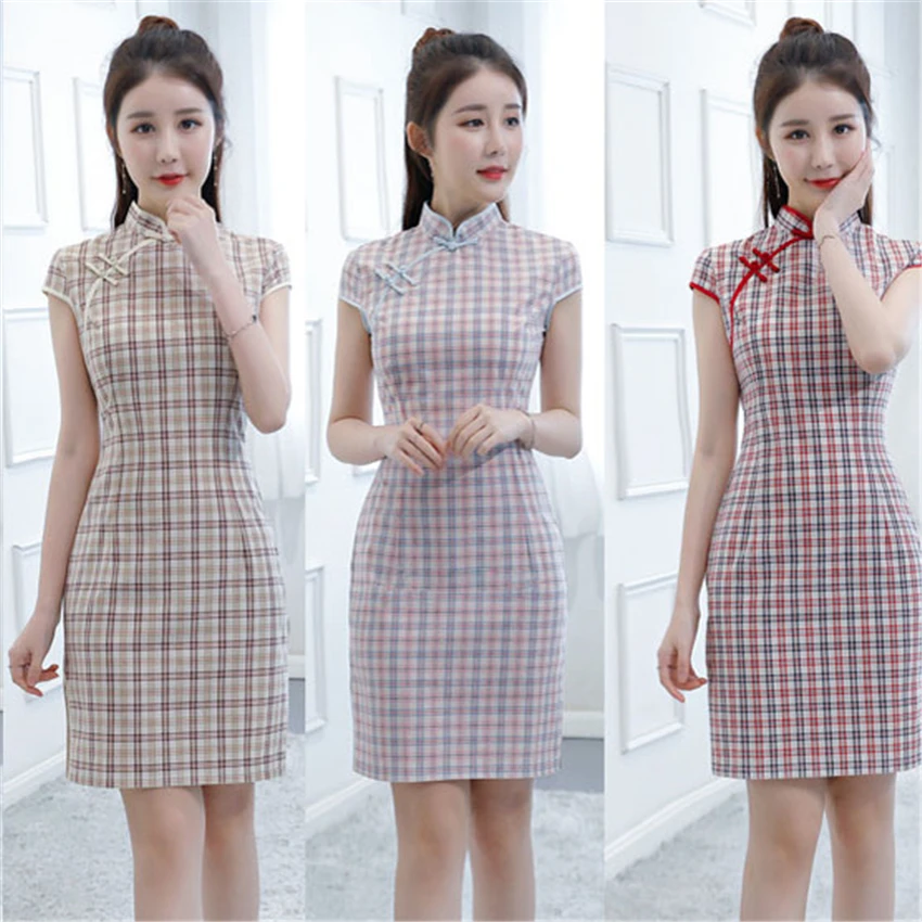 

Summer Dress 2020 News Plaid Elegant Qipao Chinese Dress for Women Cheongsam Evening Party Dresses Traditional Clothes Party