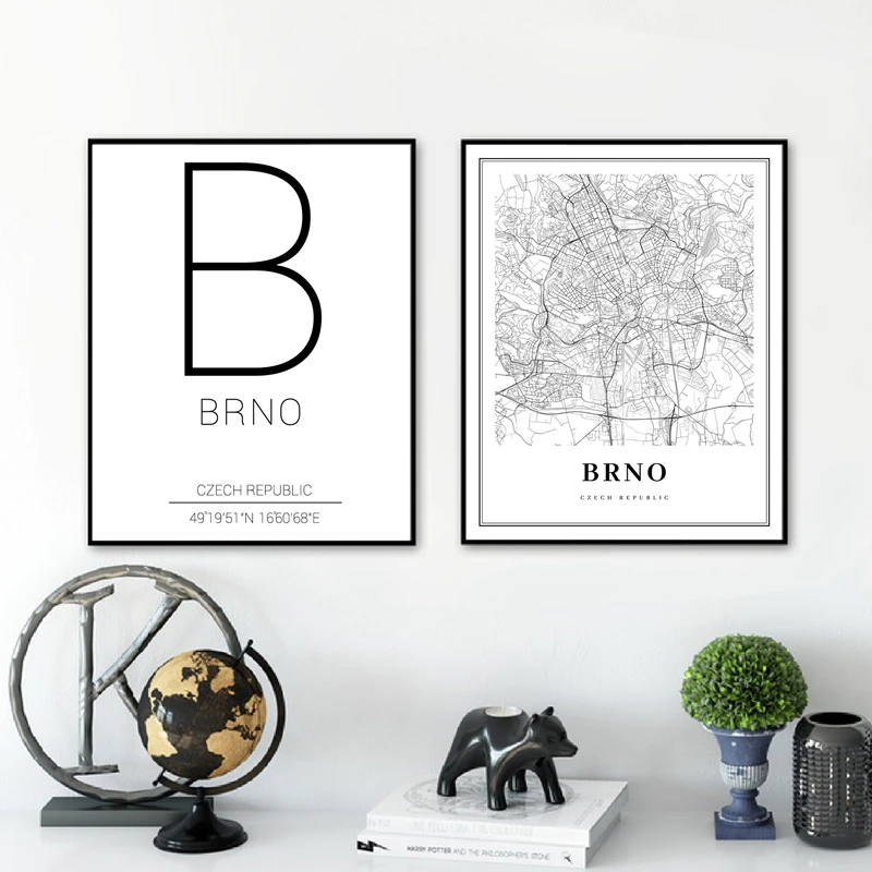 Black-White-Brno-Czech-Republic-Map-Canvas-Poster-Brno-City-Coordinate-Nordic-Wall-Art-Print-Painting