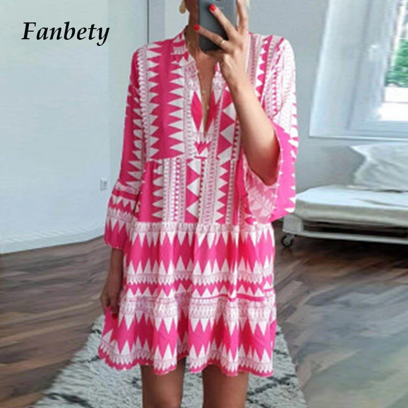 

Fanbety Autumn Sexy V neck Print Mini Dress Women Vintage Long Sleeve Dresses Female Elegant Boho Beach Dress Vestidos Plus Size