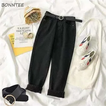 

Jeans Women Straight High Waist Sashes Pockets BF Streetwear Loose 2XL Chic Womens Trousers Fashion Daily Black Vintage Ulzzang