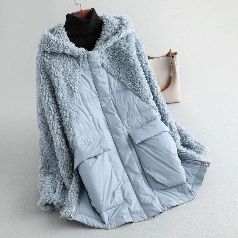 PUDI A59233 women winter polyester fabric real wool fur down warm jacket small camel fur girl coat lady Long jacket overcoat - Цвет: light blue