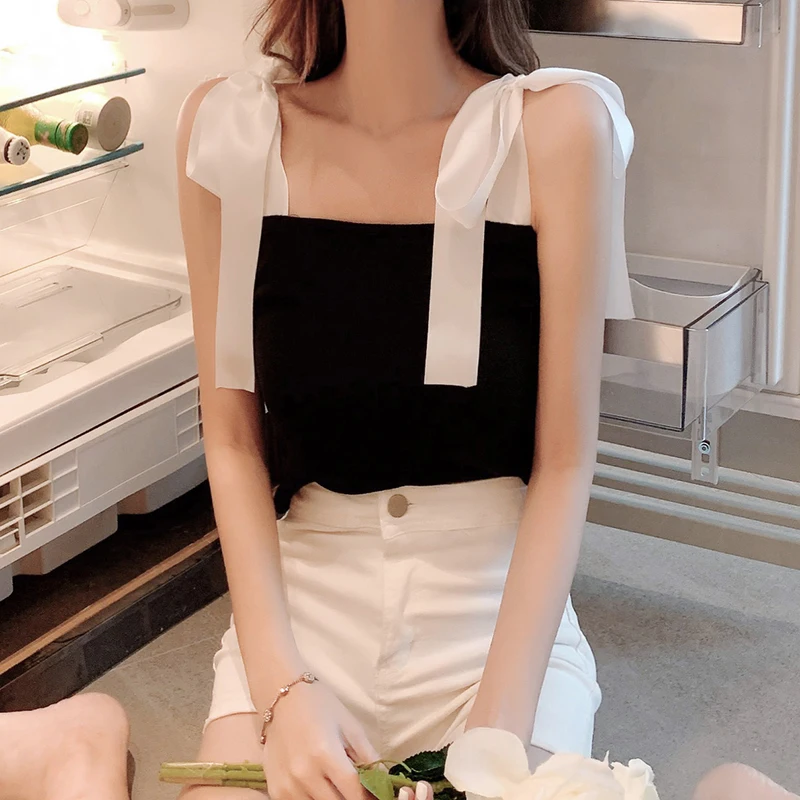 Ribbon Bow Sling Blouse Women's Summer New Style Temperament Outer Wear All-match Short Slim Waistcoat Tops Camisole black camisole