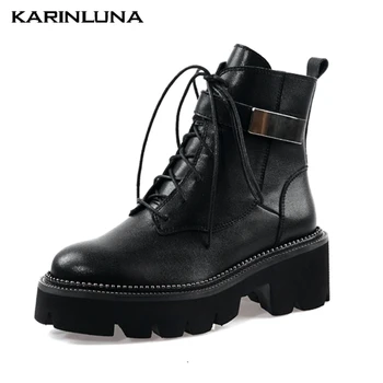 

Karinluna New Brand large Size 42 Genuine Leather Motorcycles Boots Women Chunky Heels Ankle Boots Woman Shoes Boots