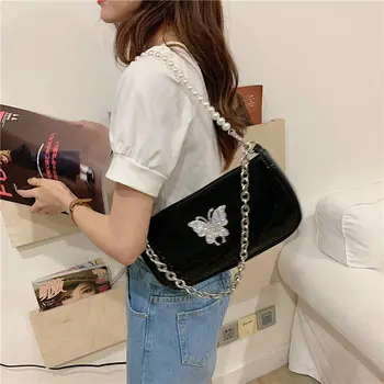 

Vintage Black Shoulder Bag for Women Patent Leather Diamond Butterfly Girls Armpit Baguette Handbags Pearl Chain Crossbody Bags