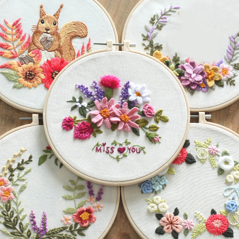 Embroidery Kit European Floral Embroidery Diy Material Kit With Hoop 30 * 30 Cm
