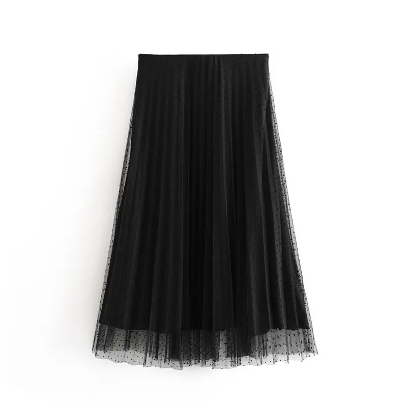 Плиссированная сетчатая юбка миди, женская модная юбка в горошек с боковой молнией, милые длинные юбки для девочек, Повседневная элегантная шикарная юбка для девушек